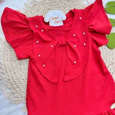 Vestido Laço Grande com Pérolas e Brilhos - Vermelho